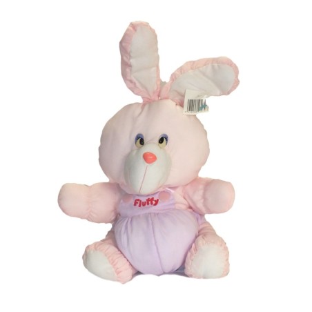 Peluche lapin BIKIN Puffalump toile de parachute salopette " Fluffy" rose mauve  vintage 38 cm (27951)