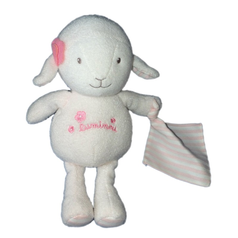 Doudou Peluche MOUTON Agneau blanc rose - LUMINOU Jemini - Luminescent - Brille dans le noir - H 30 cm (6237)