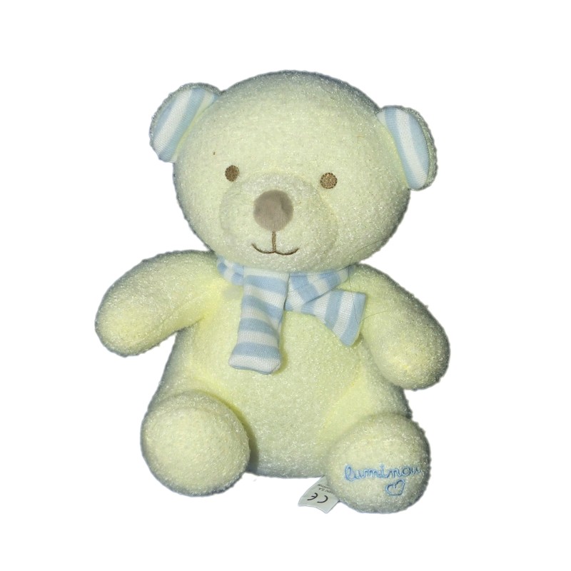 Doudou Peluche Ours jaune bleu rayures - LUMINOU Jemini - Luminescent - Brille dans le noir - H 20 cm (6233)