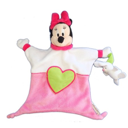 Doudou plat MINNIE rose Disneyland Paris Lapin blanc Coeur Vert (7949)
