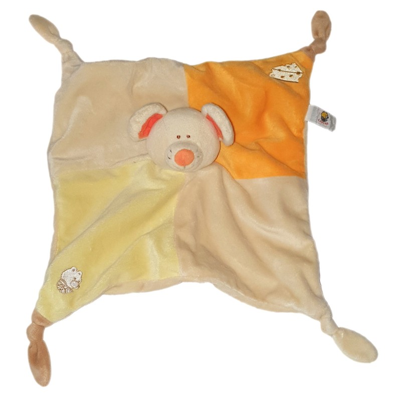 Doudou plat Souris blanc creme orange ours fromage Lascar (23950)