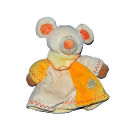 Peluche doudou Marionnette Souris jaune orange Lascar (16665)