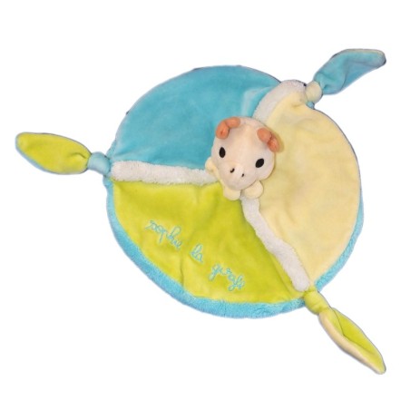 Doudou plat SOPHIE LA GIRAFE - Rond 3 noeuds - Jaune vert bleu - VULLI (11590)