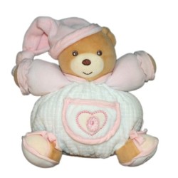 KALOO - Doudou OURS boule blanc Bonnet rose Coeur - Grelot - 17 cm (12092)
