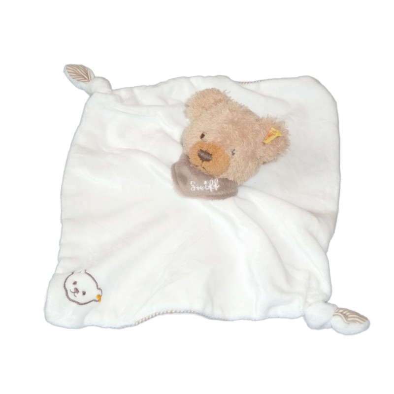 Doudou Dors bien plat Ours Beige blanc STEIFF Rayures marron Foulard 2 noeuds (13543)