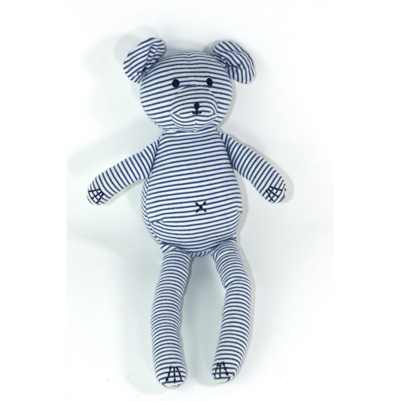Doudou Ours blanc bleu marine rayures Croix ventre 30 cm PETIT BATEAU (23133)
