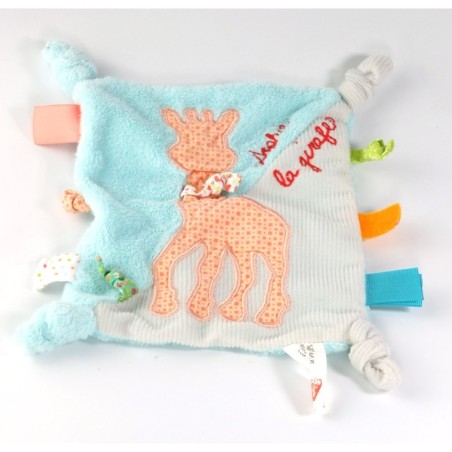 VULLI Doudou plat bleu Sophie la Girafe etiquettes en tissu 4 noeuds (18551)