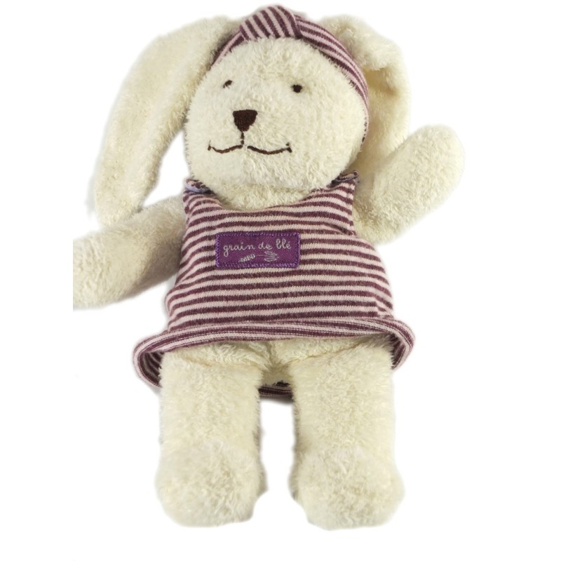 Doudou Lapin blanc robe rayures mauve violet Grain de Blé Zannier 18 cm (17559)