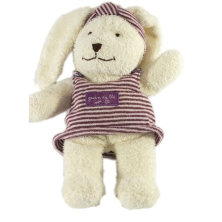 Doudou Lapin blanc robe rayures mauve violet Grain de Blé Zannier 18 cm (17559)