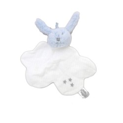 Doudou plat lapin bleu tissu blanc étoiles Mr Martin Absorba (19811)