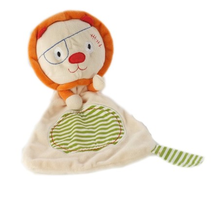 Doudou plat Lion beige orange vert rayures OXYBUL Fnac Eveil et Jeux (20996)