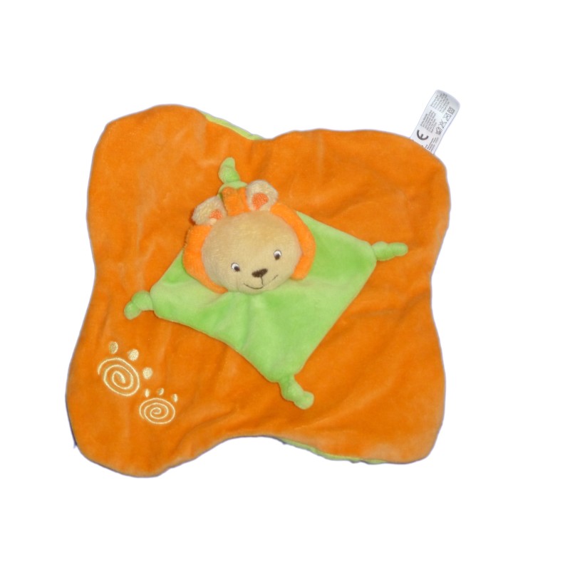 Doudou plat LION orange Vert - LOGITOYS - Baby Smile - Grelot (7431)