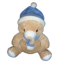 Doudou peluche Ours beige Gingo Biloba Bonnet écharpe bleu blanc 22 cm  (8945)