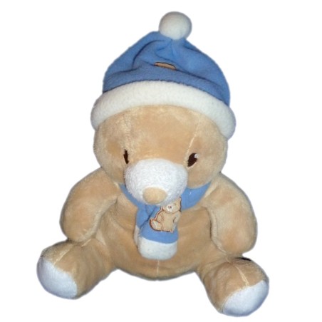 Doudou peluche Ours beige Gingo Biloba Bonnet écharpe bleu blanc 22 cm  (8945)