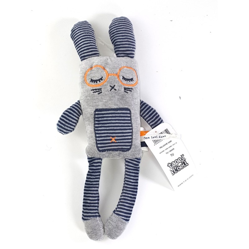 Doudou Lapin gris lunettes oranges TAPE A L'OEIL 30 cm NEUF ETIQUETTE (22681)