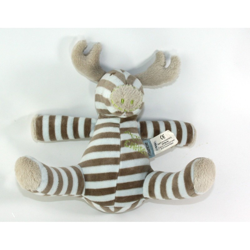 Doudou Peluche Renne Elan Petit Caribou bleu beige rayures Marese 24 cm (23072)