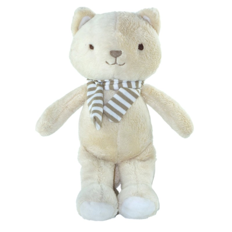 Peluche Doudou chat beige echarpe rayures marron blanc 28 cm SERGENT MAJOR (23374)