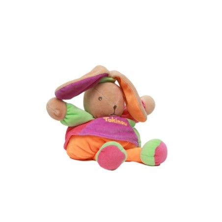 Doudou lapin orange fluo mauve vert rose Takinou 25 cm (28235)