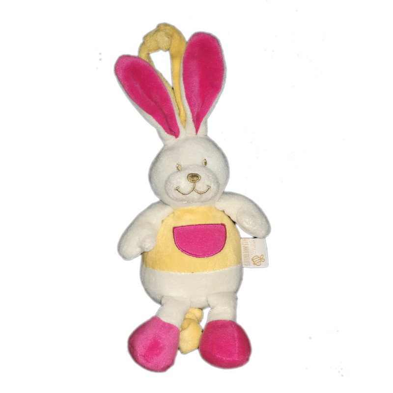 Doudou peluche musicale lapin blanc jaune rose 18 cm + oreilles Les Maternelles (21196)