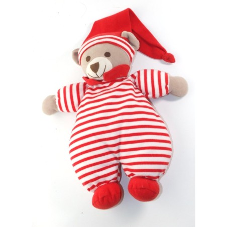 NICO DINGO Doudou peluche ours blanc rouge rayures 28 cm (25719)