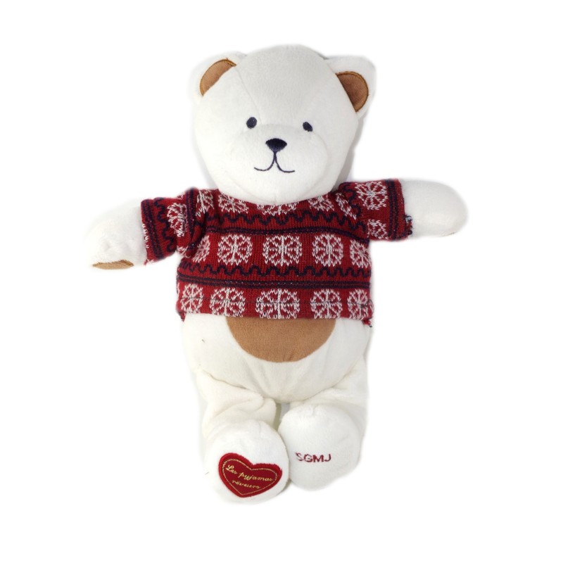 SERGENT MAJOR Doudou peluche ours blanc marron pull flocons 32 cm Les Pyjamas Reveurs (25884)