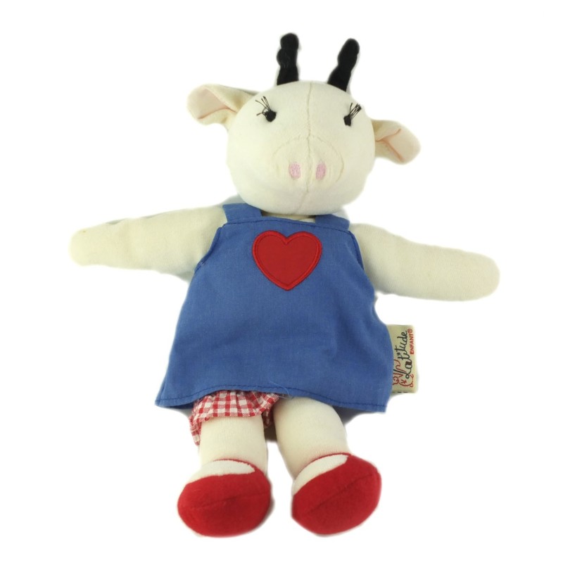 LATITUDE Doudou Vache girafe blanche robe bleue coeur rouge 30 cm (26443)