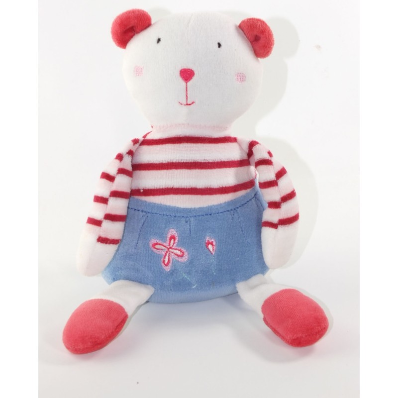 Doudou ours blanc rouge bleu Fleur Grelot 25 cm MGM Dodo D Amour (26289)
