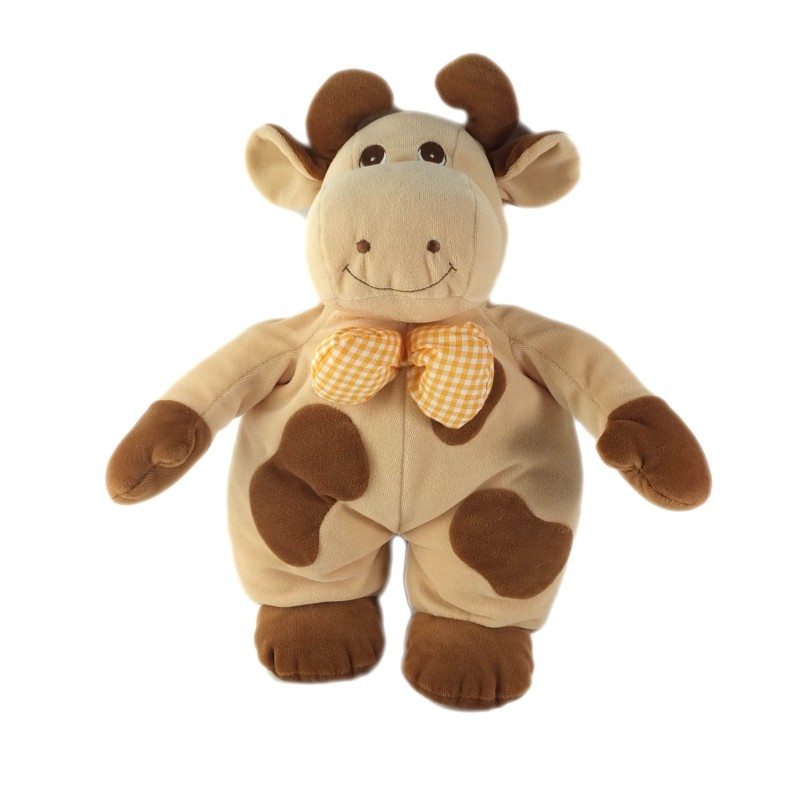 Peluche doudou Vache beige marron noeud carreaux orange grelot 38 cm Jollybaby (24500)