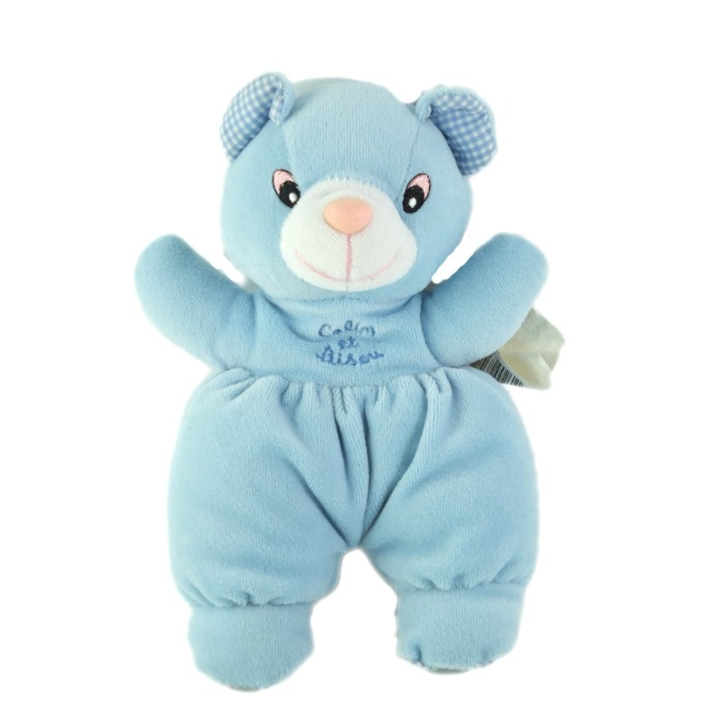 Doudou Peluche Ours Soucis bleue carreaux Calin et Bisous Grelot 20 cm SILVERTOYS (25324)