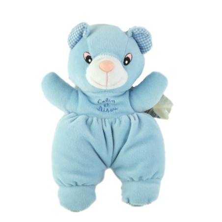Doudou Peluche Ours Soucis bleue carreaux Calin et Bisous Grelot 20 cm SILVERTOYS (25324)