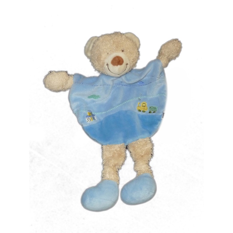 Doudou plat OURS bleu TEX Baby Carrefour - Tracteur brodé -  (10466)