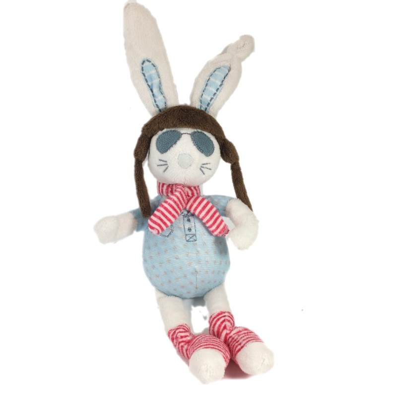 Doudou lapin blanc bleu aviateur Who Loves me TAO Tape à l'Oeil 32 cm (17398)