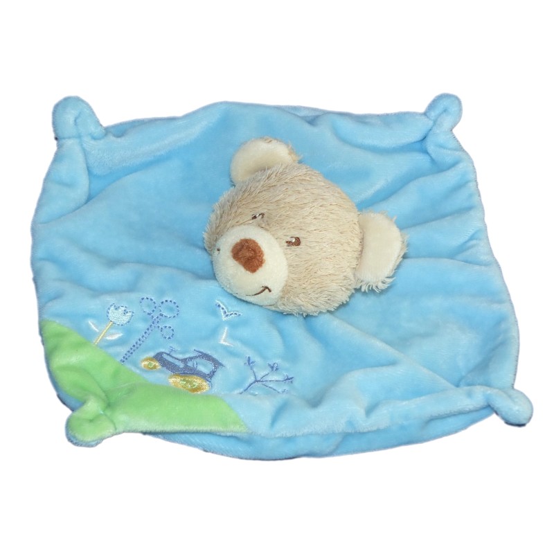 Doudou plat carré OURS bleu TEX Baby Carrefour - Tracteur brodé (11392)