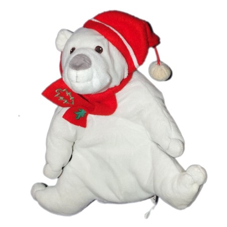 Peluche doudou Ours Polaire blanc Echarpe rouge Sapin LR Bonnet 32 cm (14154)