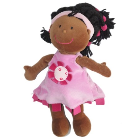Doudou Peluche POUPEE Noire métisse - FNAC Oxybul - H 34 cm - Robe rose Fleur  (6247)