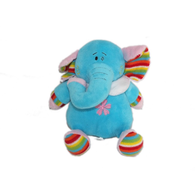 Doudou peluche ELEPHANT bleu Fleur brodée - FL - H 17 cm (6556)