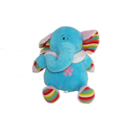Doudou peluche ELEPHANT bleu Fleur brodée - FL - H 17 cm (6556)