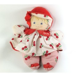 Doudou poupee chiffon tissu Corolle Cerises blanc rouge 28 cm Grelot (21550)