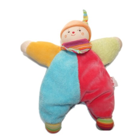 Petit doudou Poupon Mouchoir orange bleu vert Corolle 16 cm Grelot (17765)