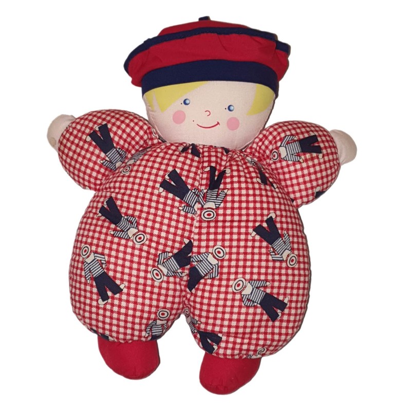 Doudou poupee Lutin marin tissu rouge carreaux vichy Grelot 25 cm Corolle 1997 (24574)
