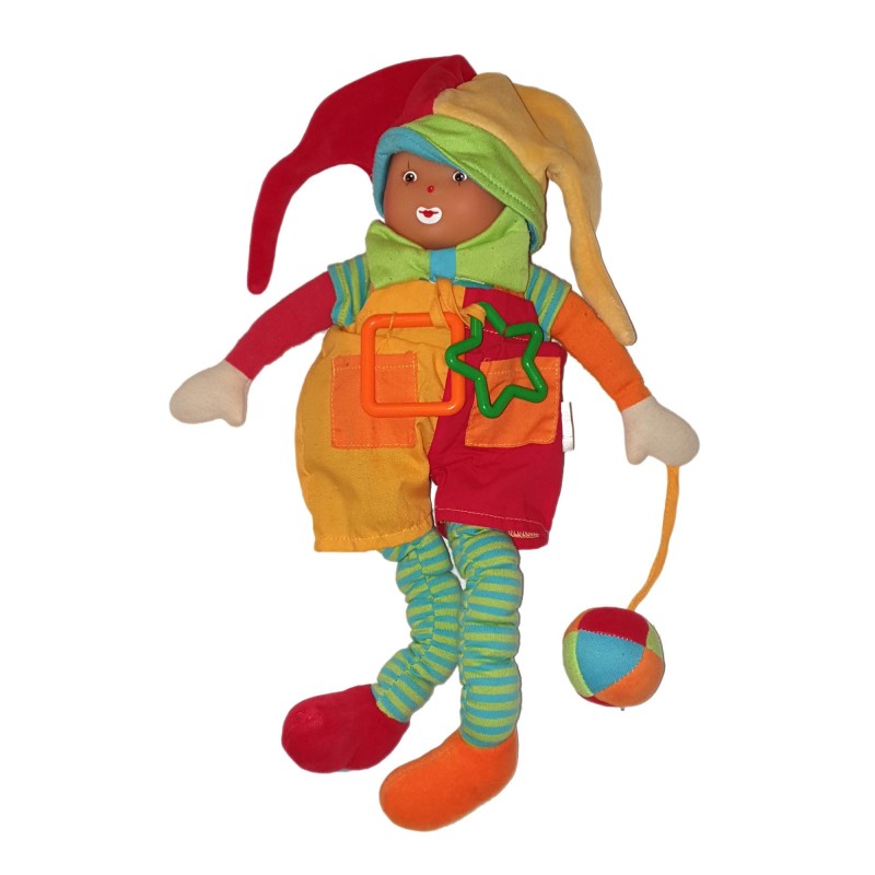 Doudou peluche d activite Clown vanille jaune vert ballon Grelot 38 cm Corolle 2005 (24578)