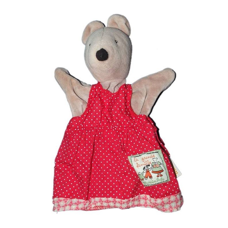 Doudou marionnette Souris Nini grise robe rouge Moulin Roty (14652)