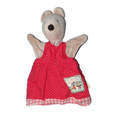 Doudou marionnette Souris Nini grise robe rouge Moulin Roty (14652)