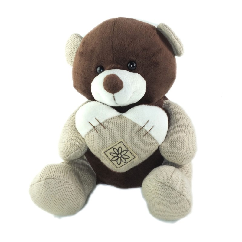 Peluche Doudou Ours marron brun gris Aubert Coeur fleur 25 cm (26194)