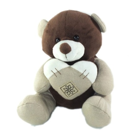 Peluche Doudou Ours marron brun gris Aubert Coeur fleur 25 cm (26194)