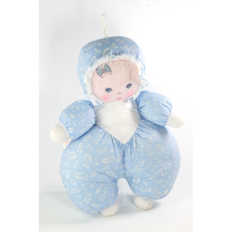 Doudou poupee tissu chiffon bleue Mundia 30 cm Motifs feuilles  (20925)