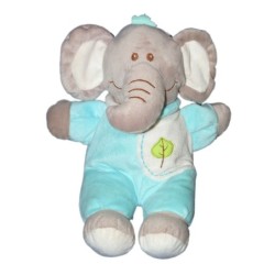 Doudou Peluche ELEPHANT bleu turquoise feuille verte Grelot 30 cm (12424)