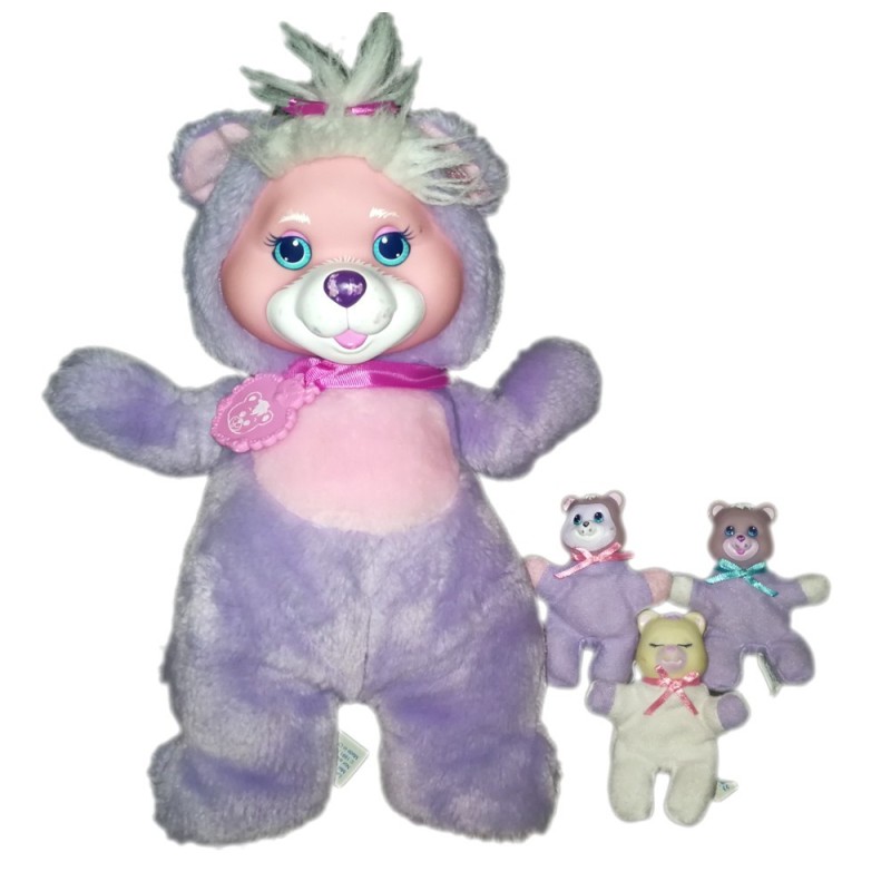 Peluche Ours mauve Puppy Surprise 32 cm Vintage Hasbro 1991 trois bébés (17288)