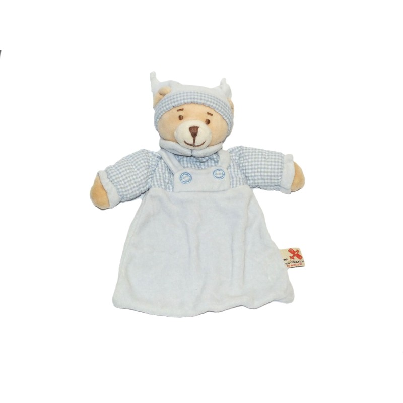Doudou Ours bleu beige carreaux bonnet Nicotoy The Baby collection (27787)