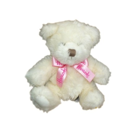 Peluche doudou Ours blanc Noeud rose - HARRODS - White bear Plush - H 20 cm (6337)